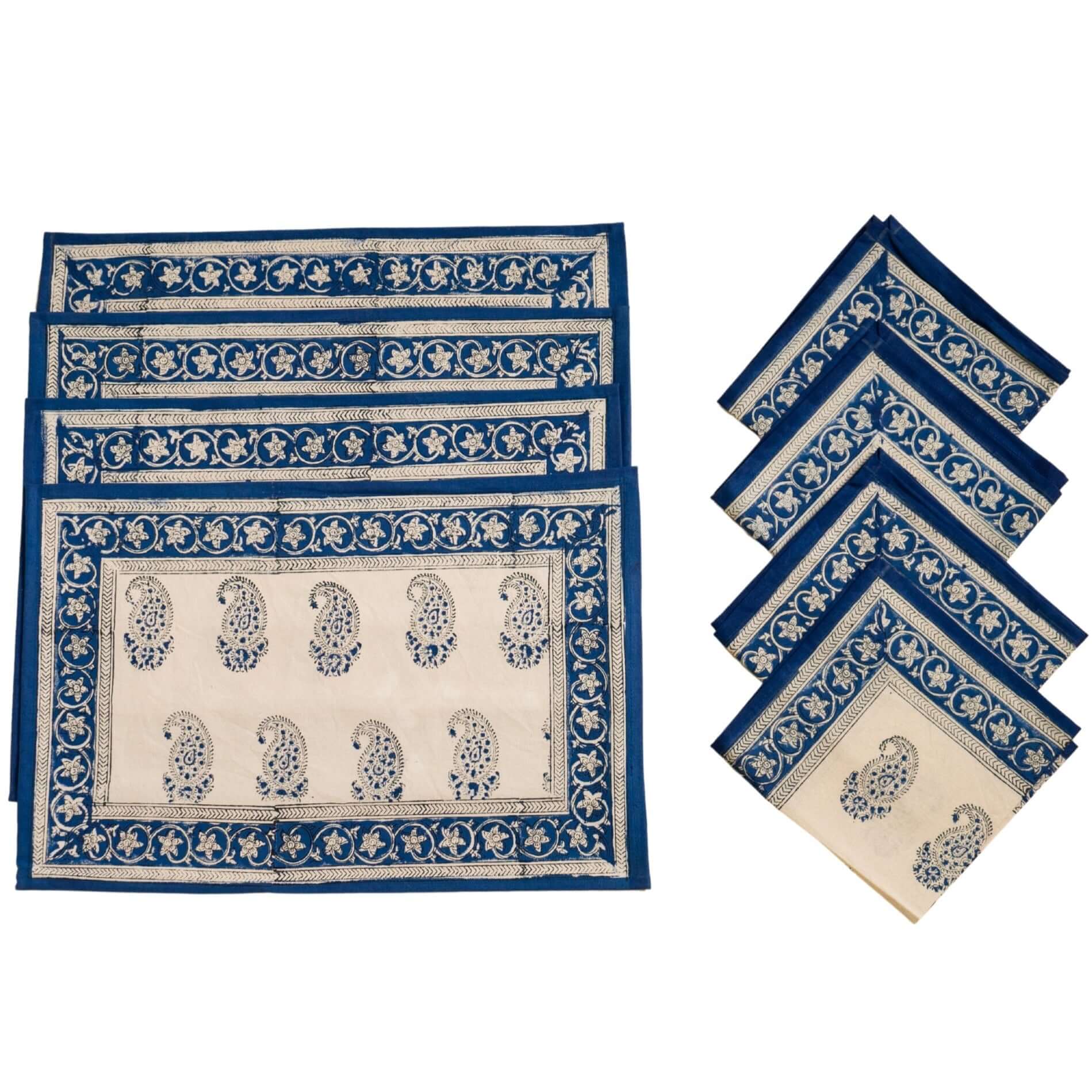 Set de 4 manteles individuales y 4 servilletas de tela en algodón Ciprés Azul