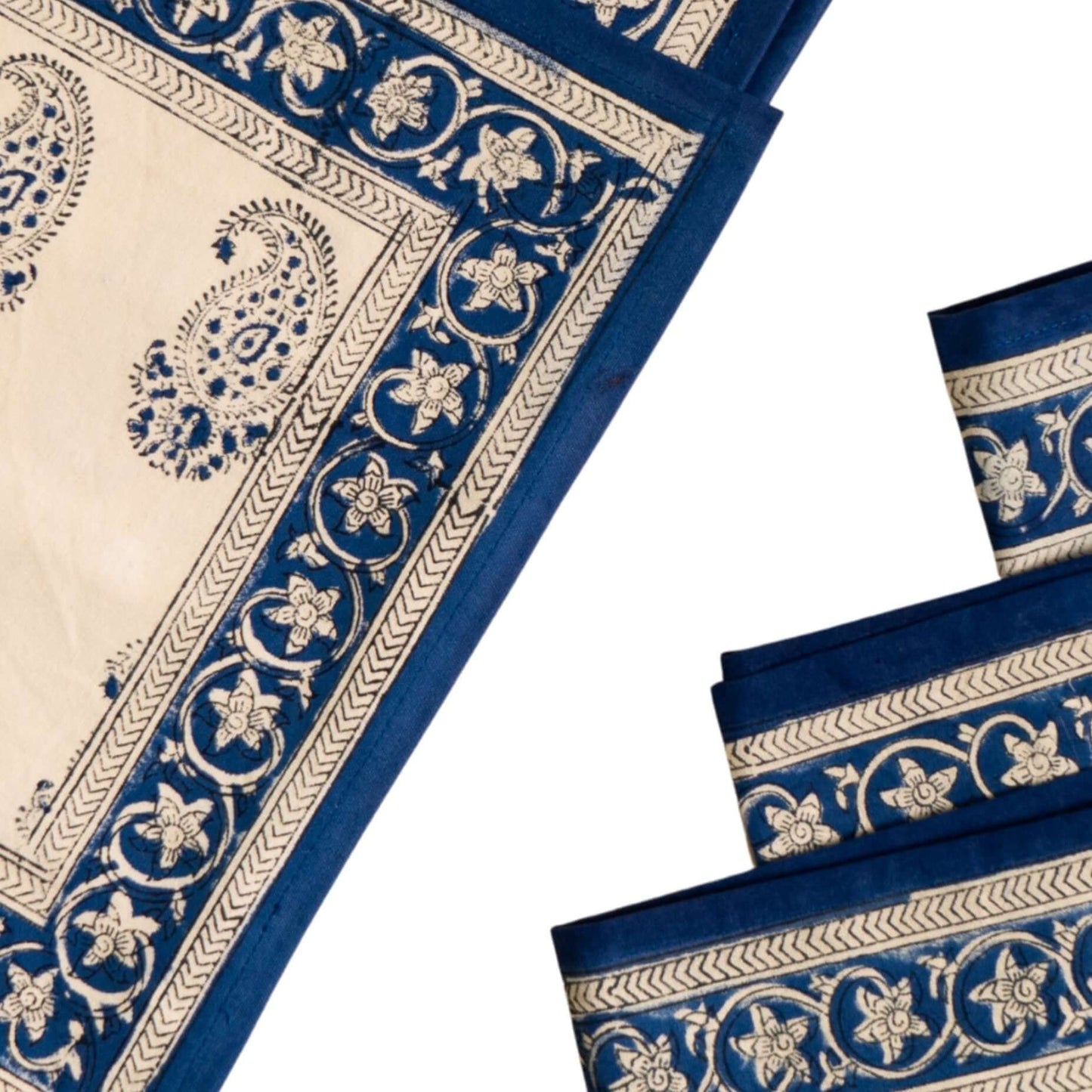 Detalle de estampado de Set de manteles individuales y servilletas de tela en algodón Ciprés Azul