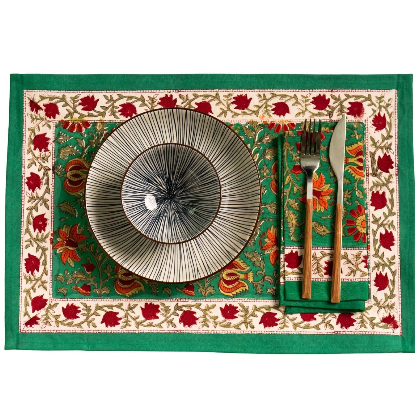 Mantel individual Océano Verde con servilleta de tela y vajilla