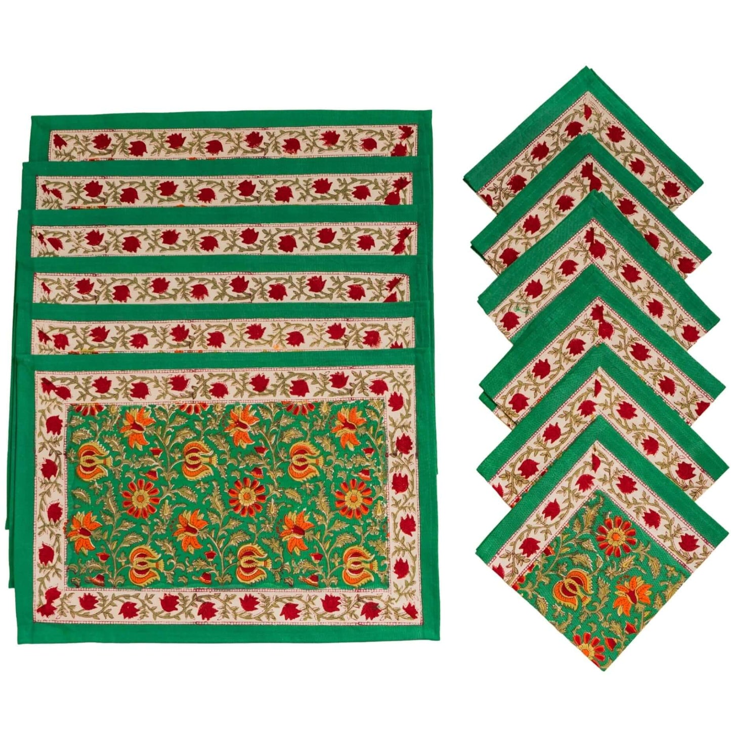 Set de 6 manteles individuales y 6 servilletas de tela en algodón Océano Verde