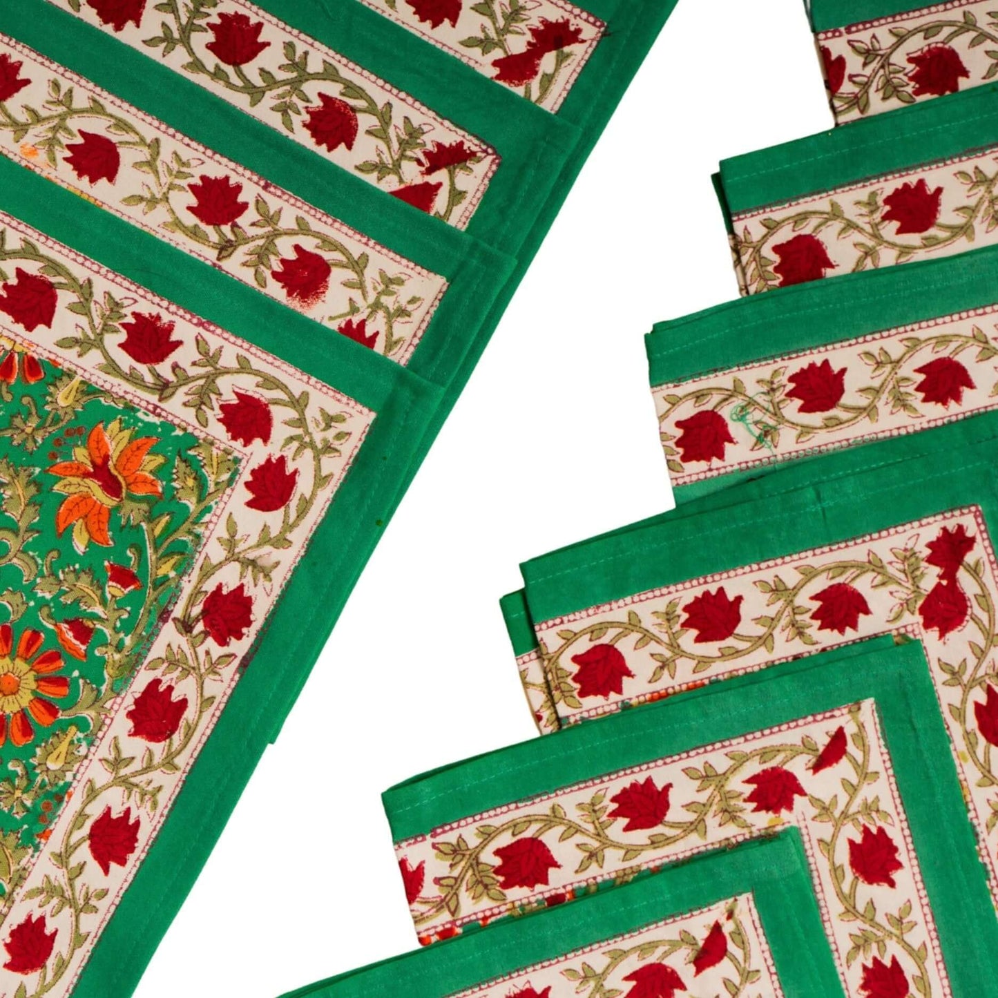 Detalle de estampado de Set manteles individuales y servilletas de tela en algodón Océano Verde