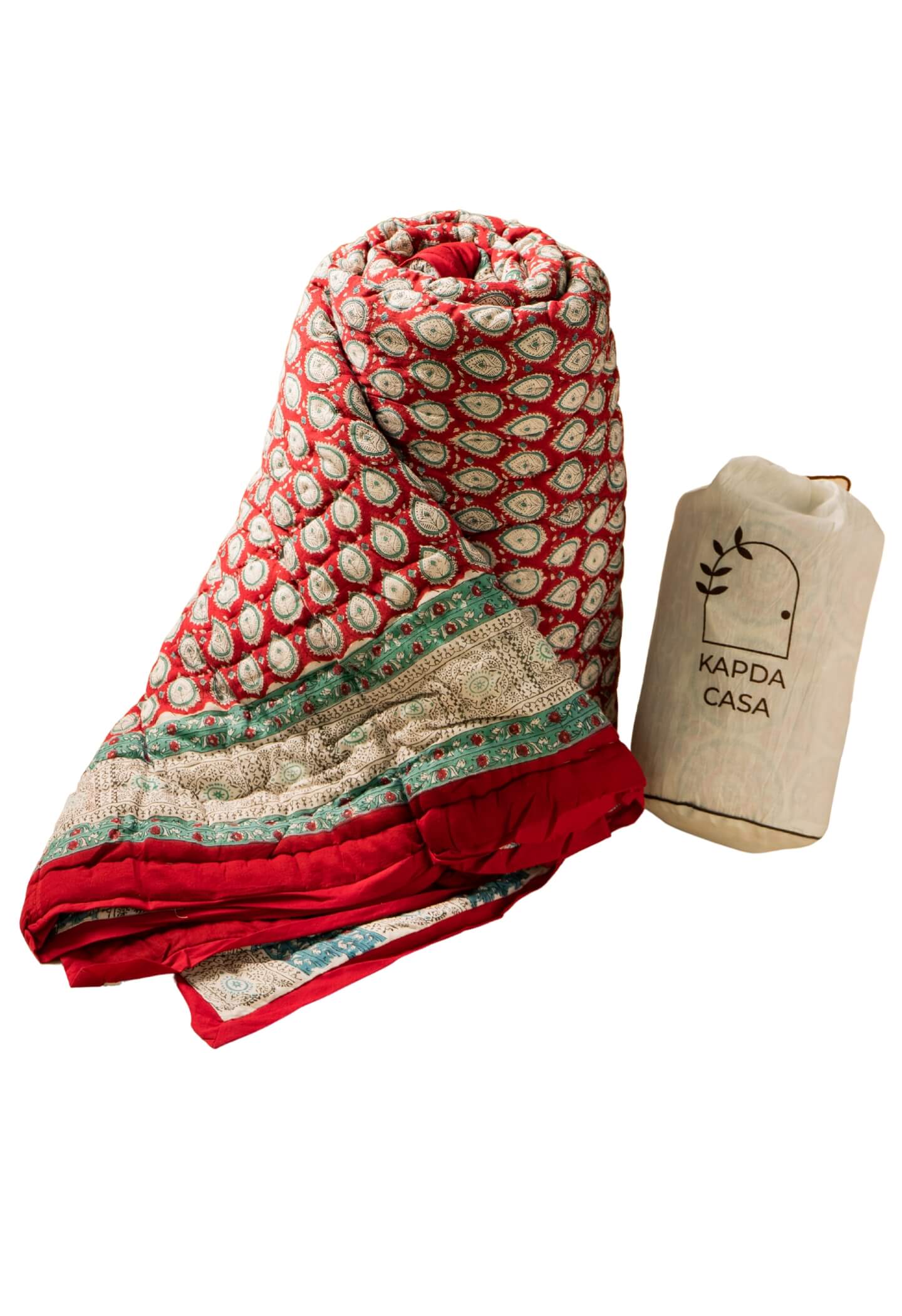 Edredón de algodón con estampado de Rocío Matutino enrollado con empaque