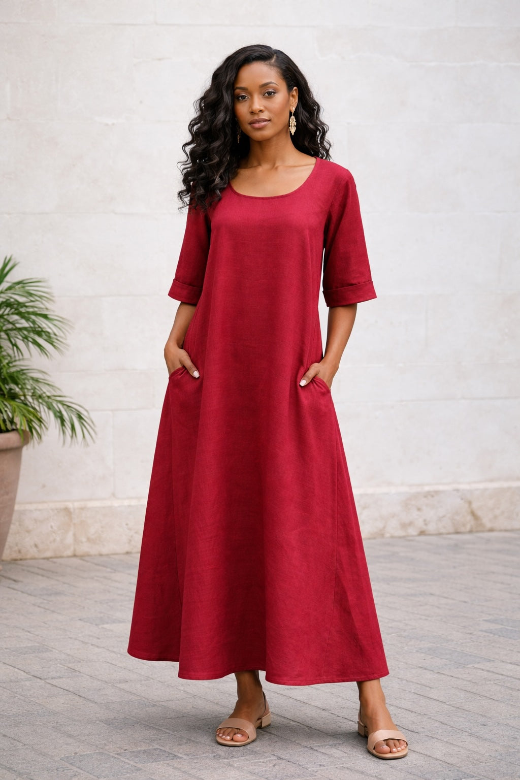 Aster Linen Dress- Deep Red