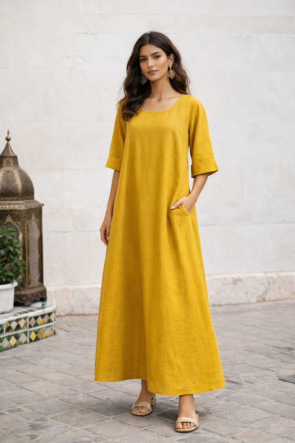 Aster Linen Dress- Mostaza